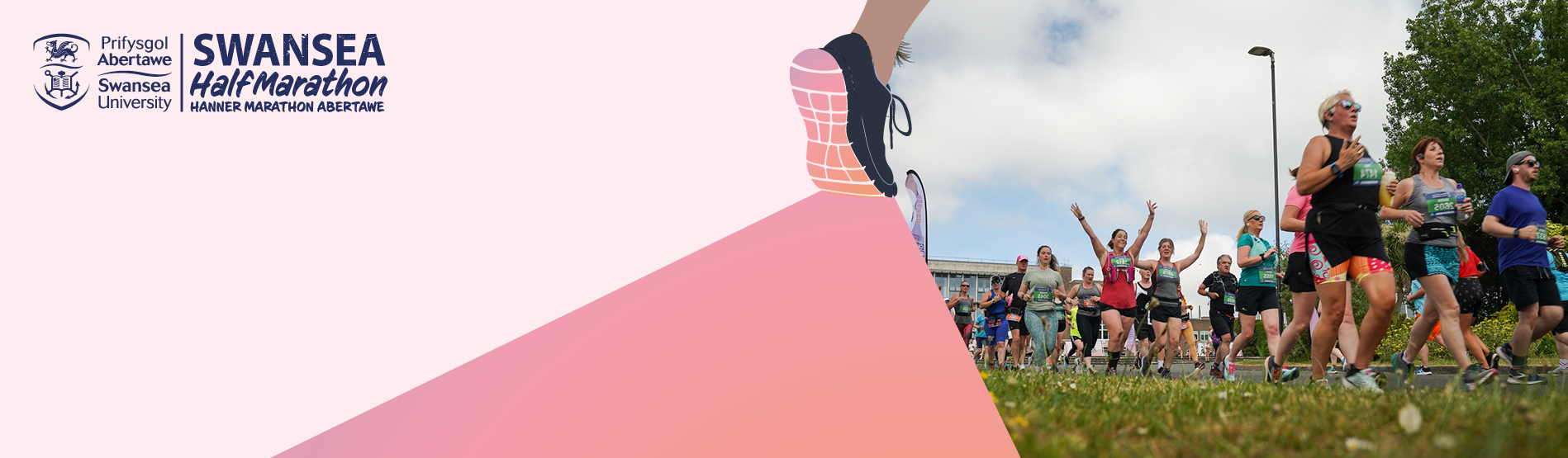 Swansea Half Marathon. Graphic of runner's foot and image of marathon runners