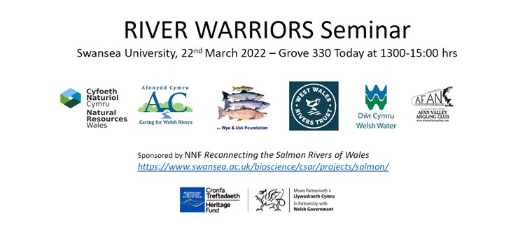 River Warriors agenda showing all logos from sponsors NNF Reconnecting the Salmon Rivers of Wales and participants: The Rivers Trusts of Wales, Natural Resources Wales