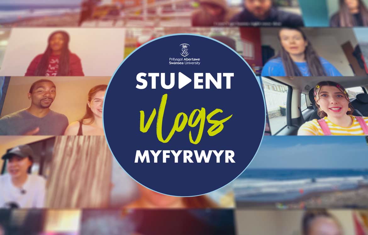 'Student Vlogs' with image of four students in the background