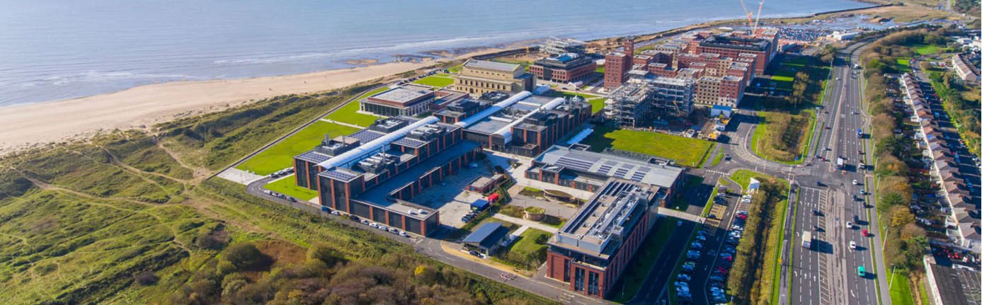 Ariel view of Swansea University's Bay Campus adjacent to Swansea Bay