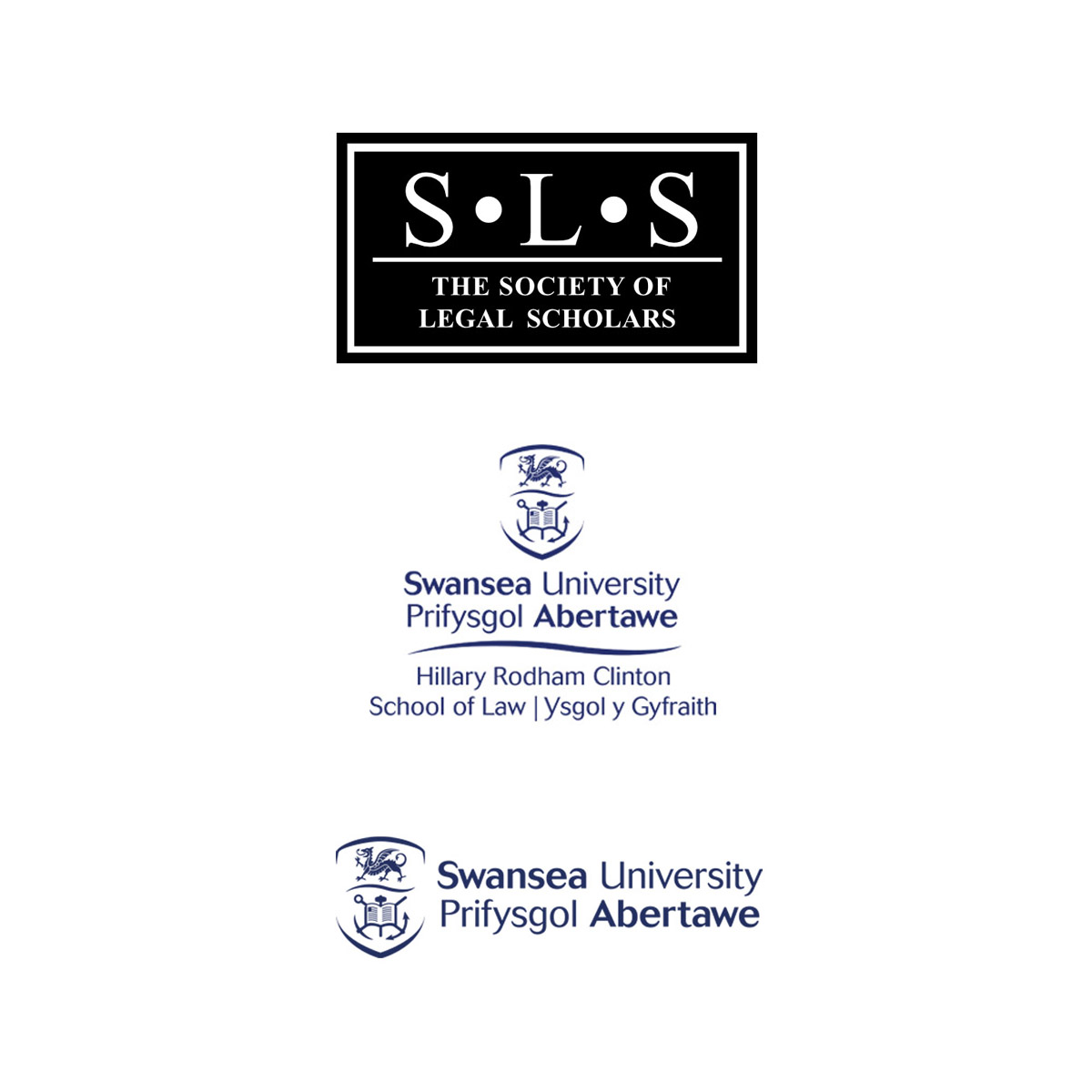 The logos of the SLS, School of Law and Swansea University