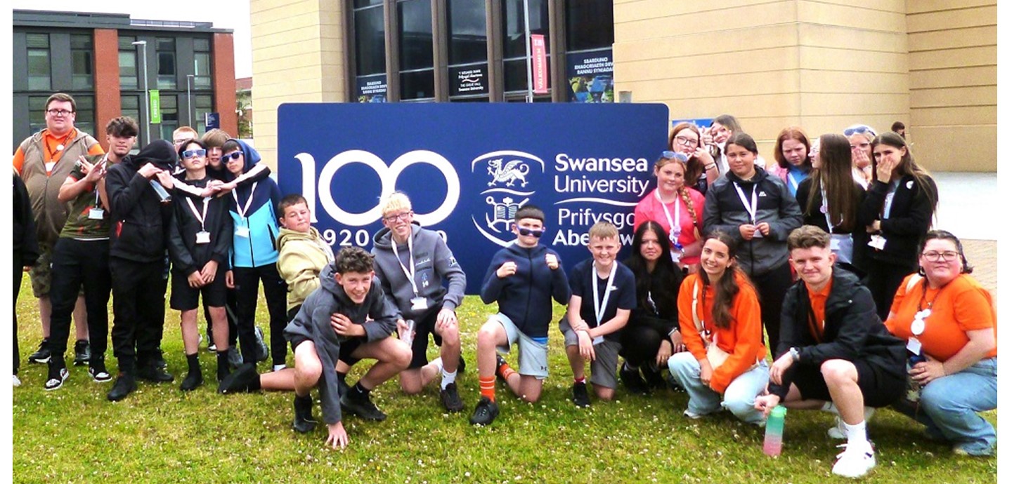 A group of pupils from Dylan Thomas School in Swansea, pictured at Swansea University during a recent three-day stay on campus, designed to give them a taster of University life.