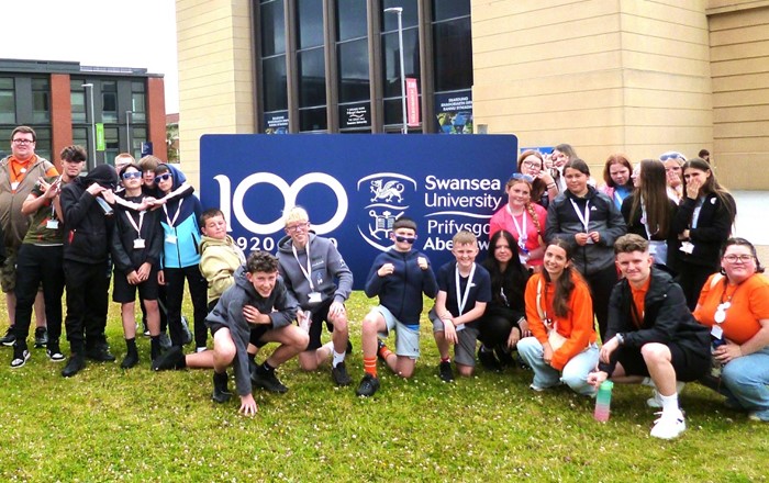 A group of pupils from Dylan Thomas School in Swansea, pictured at Swansea University during a recent three-day stay on campus, designed to give them a taster of University life.