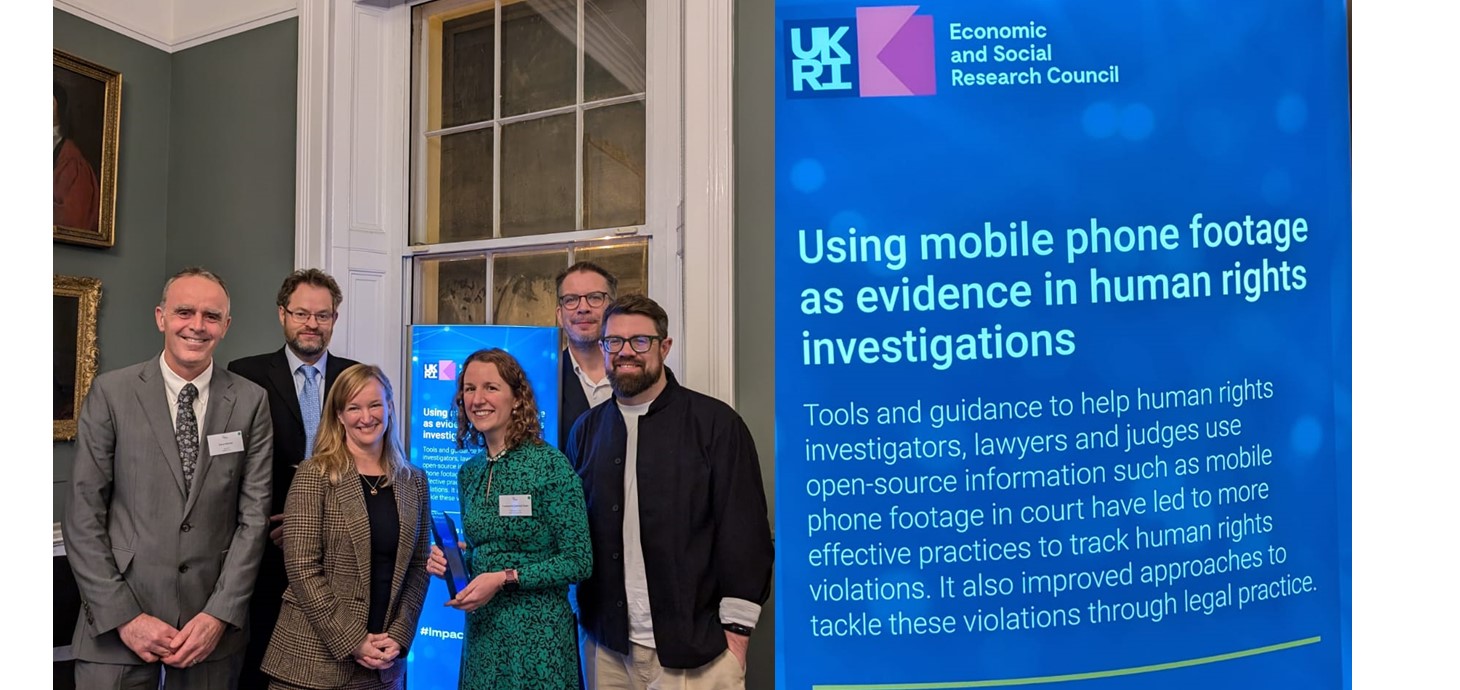 The winning team at the awards ceremony in London: (L-R): Dave Mateer, HM software; Phil Bartie, Heriot-Watt University; Alexa Koenig, Human Rights Center, UC Berkeley; Professor Yvonne McDermott Rees, Swansea University, Sam Dubberley, Human Rights Watch; Daragh Murray, Queen Mary University London