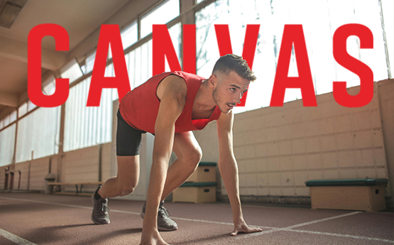 A man poised ready to start a race appears in front of the Canvas logo