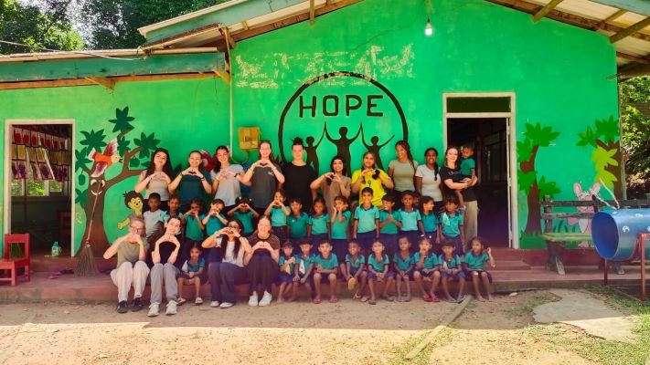 Students in front of a school