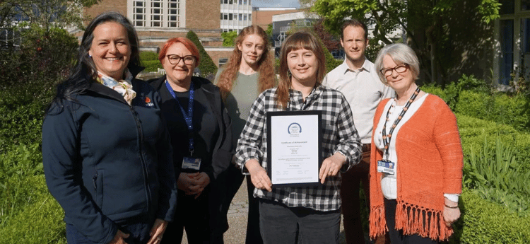 Pictured with the award (from left) Mitie General Manager, Waste and Environmental Services Isobel McGlashon; Head of Campus Operations Michelle Dene, Mitie sustainability student Devyn Simeoni, Waste & Recycling Officer Fiona Wheatley, Sustainability Manager Teifion Maddocks and Mitie Site Manager 