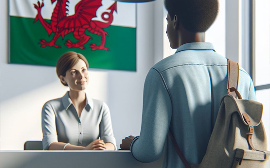 A student approaching a reception desk. A welsh flag is hung on the wall.