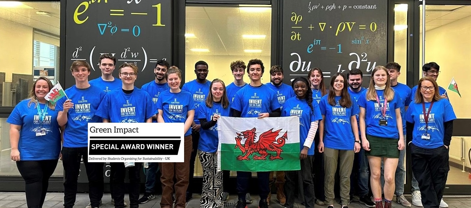Student group at Swansea University wearing matching Invent for the Planet t-shirts